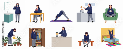 Flat Design Young Woman Daily Routine Lifestyle Activity Illustration Set