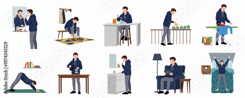 Flat Style Daily Routine Activity of a Man in Different Situations Illustration