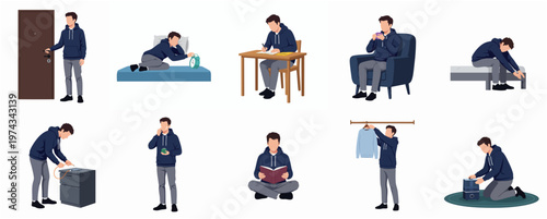 Simple Flat Character Illustration of Man Doing Various Activities at Home