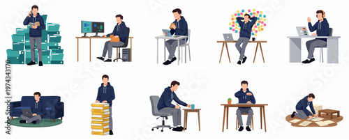 Flat Illustration Set of Man Working Overworked with Many Tasks