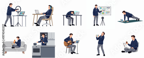 Simple Character Illustration of Man Doing Various Activities at Home Set