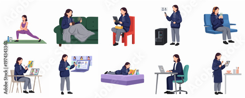 Flat Illustration Set of Woman Doing Different Activity at Home