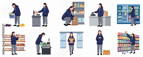 Flat Illustration of a Woman Doing Shopping Activities in a Supermarket