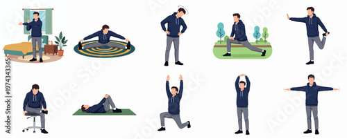 Flat Design Illustration Man Doing Stretching Exercise in Different Poses