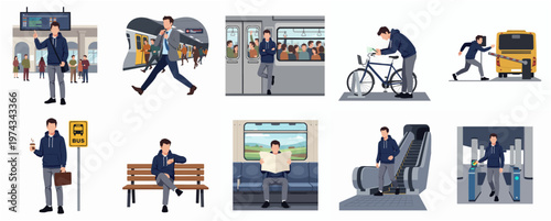 Flat Style Illustration Man Using Public Transport and Transportation Concept