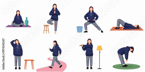 Flat Style Woman Doing Fitness and Yoga Activities Illustration Set