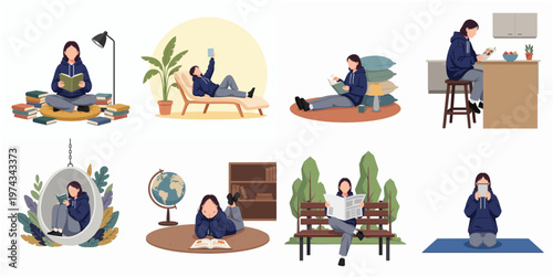 Flat Style Woman Reading Book in Different Positions and Locations Illustration