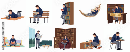 Flat Illustration of Man Reading Book in Various Lifestyle Scene