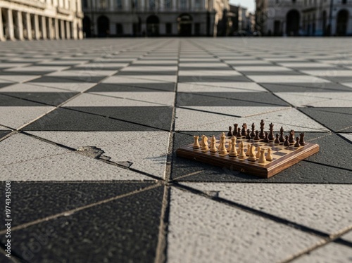 Chessboard on patterned pavement in urban square during daylight  