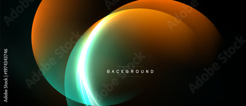 Abstract design features overlapping colorful circles. Bright orange, teal, white hues create dynamic visual effect. Dark background emphasizes shapes.