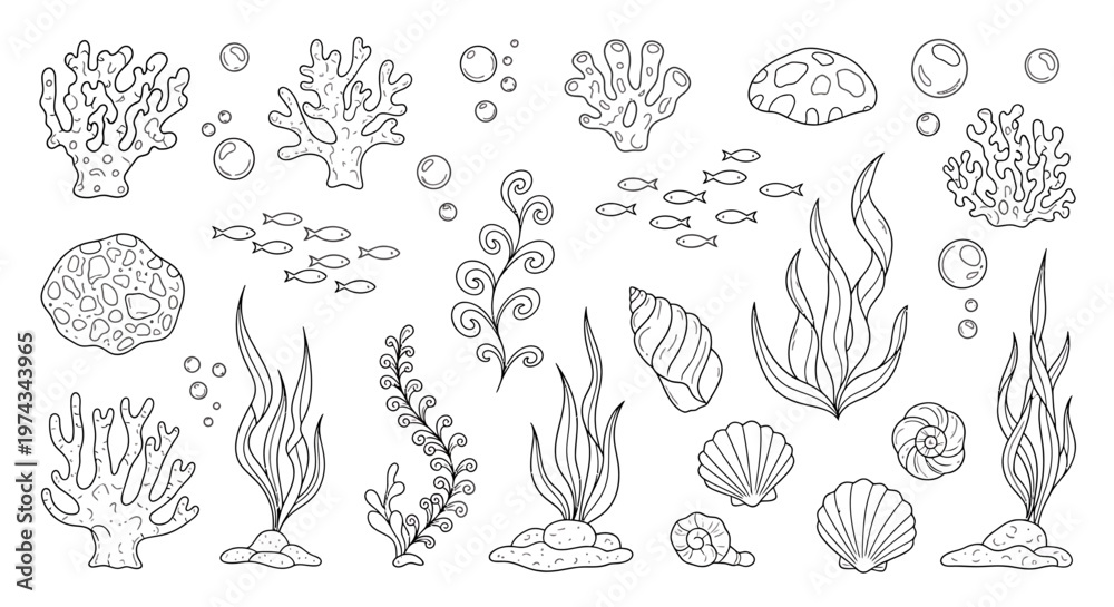 Fototapeta premium Collection of various marine life and underwater elements, including corals, seaweed, shells, and fish, presented in a charming illustration style for decorative purposes