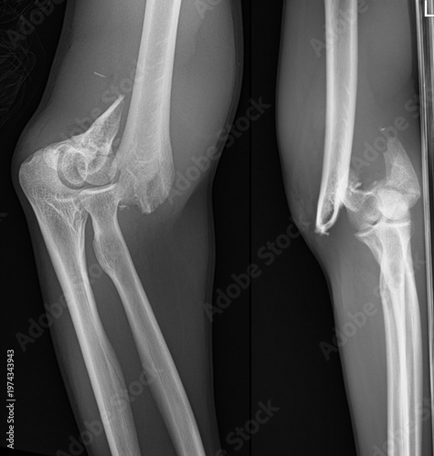 Medical X-ray of Elbow Joint Showing Distal Humerus Fracture and Supracondylar Trauma.