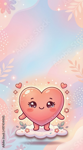 Cute Heart Character on Floral Cloud Background for Love and Wellness Design