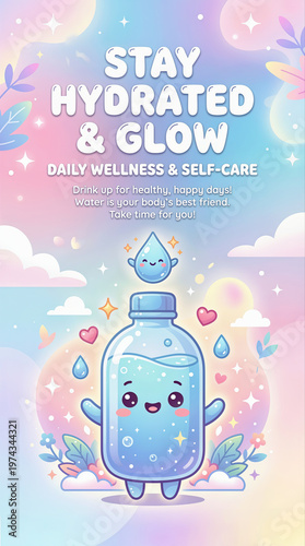 Stay Hydrated and Glow Poster with Cute Water Bottle Character