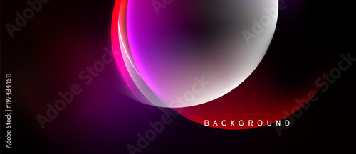 Abstract design features vibrant purple, pink gradients. Smooth curves create dynamic visual effect against dark backdrop. Modern, sleek presentation.