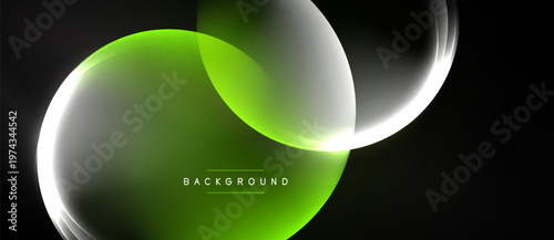 Abstract design features overlapping circles, vibrant green glow, silver outlines. Dark background enhances visual impact, modern aesthetic.