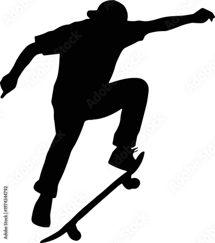 Dynamic silhouette captures the thrilling moment of a skateboarder in mid-air, executing an agile jump, embodying the spirit of extreme sports and youthful urban culture