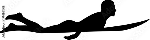 Black silhouette graphic of a person paddling on a surfboard, capturing the essence of watersports and preparation for riding a wave