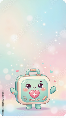 Smiling First Aid Kit Character on Pastel Background for Healthcare and Safety Design