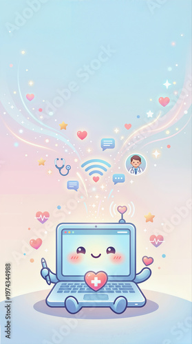 Cute Telemedicine Laptop Character with Doctor Icons and Heart Health Symbols