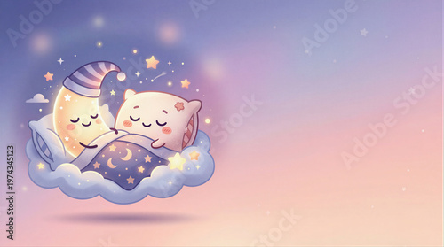 Sleep Wellness Illustration with Moon and Pillow on Cloud for Rest and Recovery