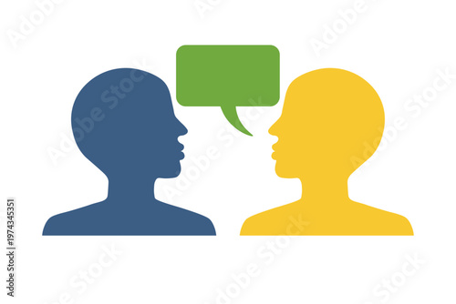 Psychological consultation and dialogue concept with two silhouettes and speech bubble. Vector illustration of psychotherapy, coaching, communication and problem solving on transparent background.