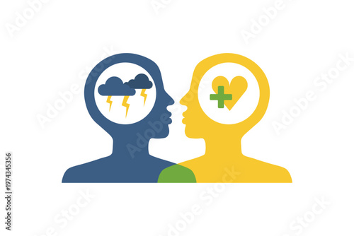 Mental health therapy concept with human profiles, storm clouds and heart symbol. Vector illustration of psychological support, emotional healing and transformation from depression to love.
