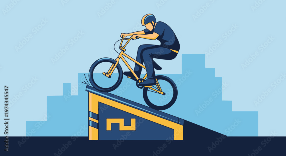 Fototapeta premium Dynamic BMX Rider Performing Stunts On A Ramp With Cityscape Background