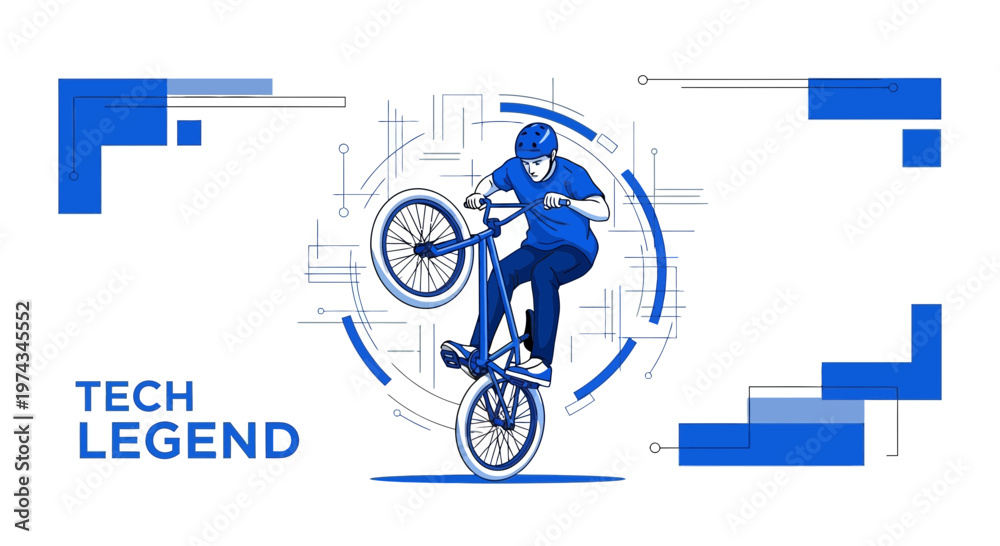 Naklejka premium Dynamic Bmx Rider Performing Stunts With Futuristic Tech Elements