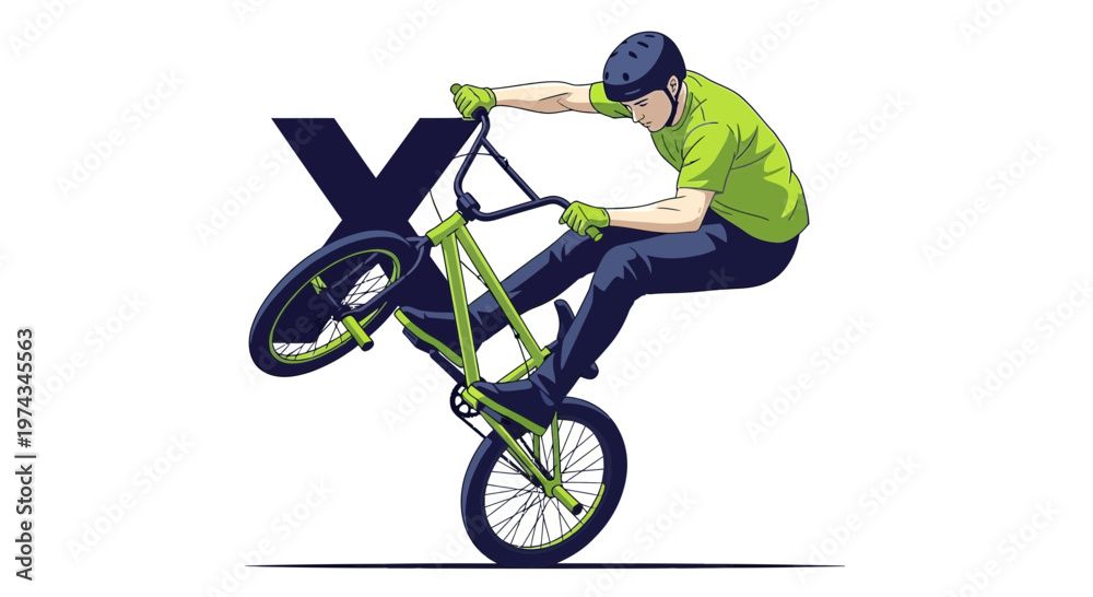 Fototapeta premium Dynamic BMX Rider Performing Stunt On Two Wheels With Bold Letter X Background