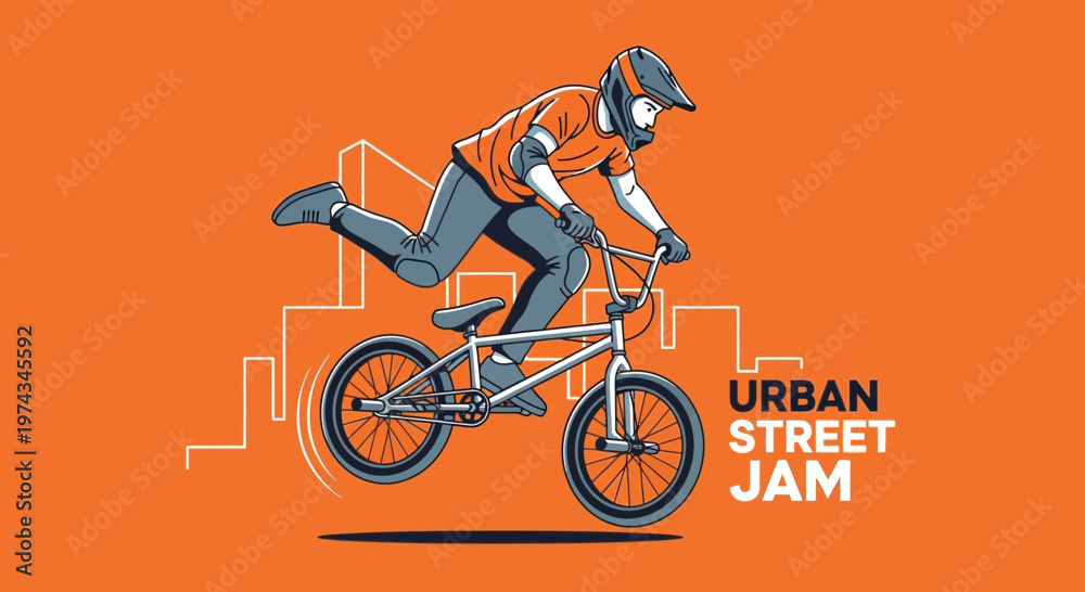 Fototapeta premium Dynamic BMX Rider Performing Tricks In A Stylized Urban Setting Illustration