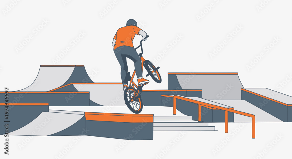 Fototapeta premium Dynamic Bmx Rider Performing Tricks In Modern Skatepark Facility