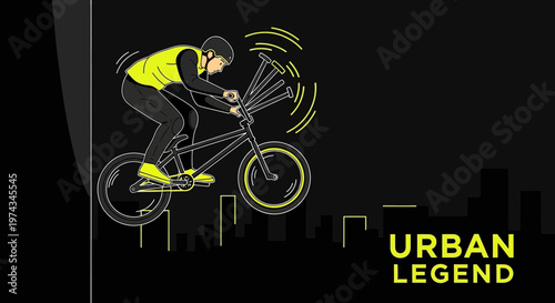 Dynamic Bmx Rider Performing Stunts Over Abstract City Skyline
