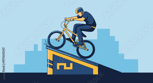 Dynamic BMX Rider Performing Stunts On A Ramp With Cityscape Background