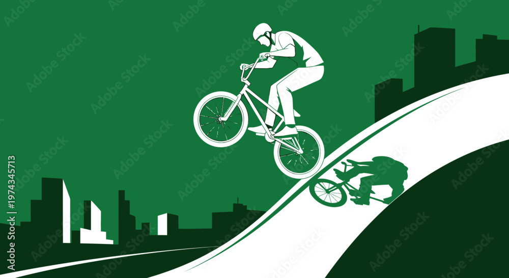 Naklejka premium Dynamic BMX Rider Performs Thrilling Stunt Against Urban Skyline