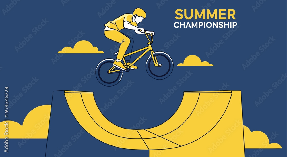 Naklejka premium Dynamic BMX Rider Soars Above Ramp During Summer Championship Competition