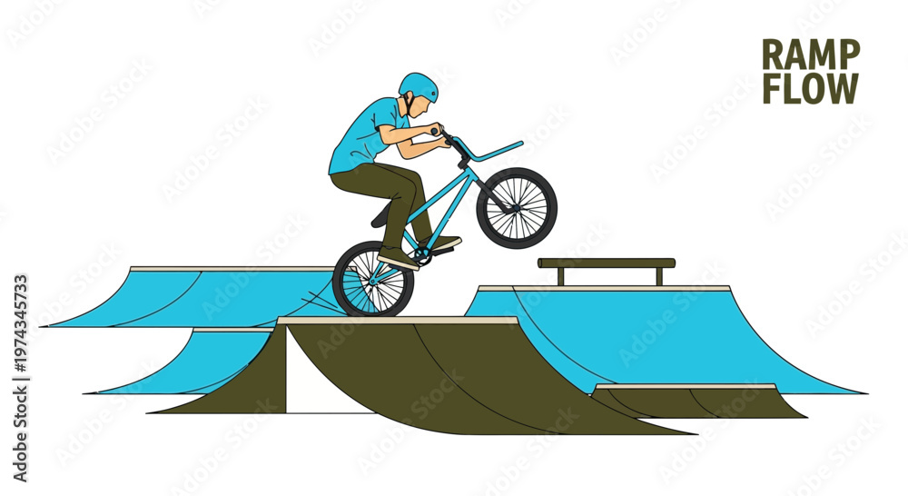 Naklejka premium Dynamic BMX Rider Soars Over Blue Ramps Performing Exciting Bicycle Stunts