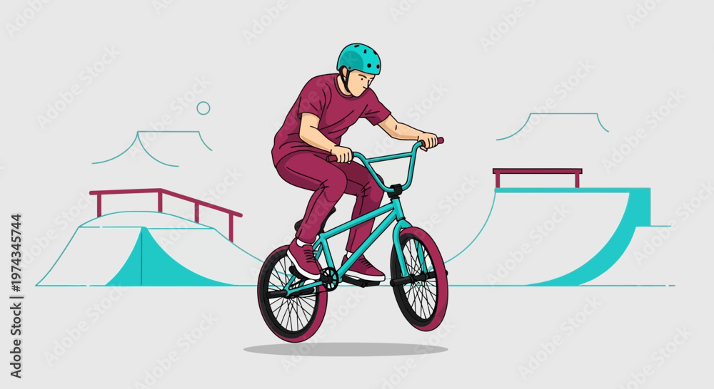 Naklejka premium Dynamic BMX Rider Soars Over Thrilling Skatepark Ramps
