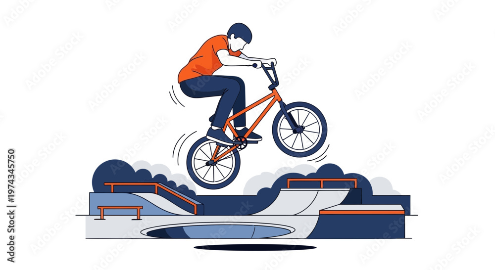Naklejka premium Dynamic BMX Rider Soars Through Urban Skatepark Air