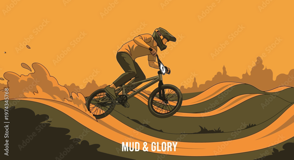 Naklejka premium Dynamic BMX Rider Thrillingly Navigates Motocross Dirt Track
