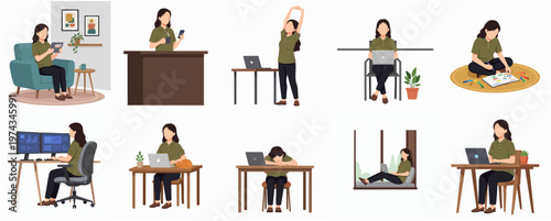 Flat Illustration Set of Woman Working at Home in Various Poses