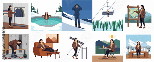 Flat Style Winter Vacation Activities and Recreation Illustration Set Collection