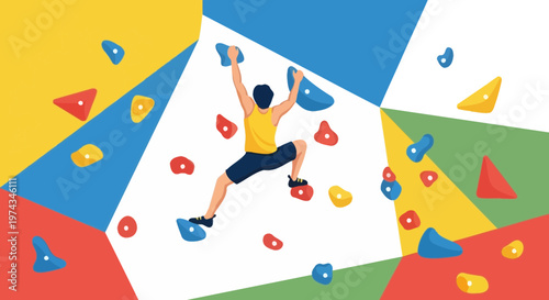 Dynamic Bouldering Athlete Ascending Vibrant Climbing Wall With Colorful Holds