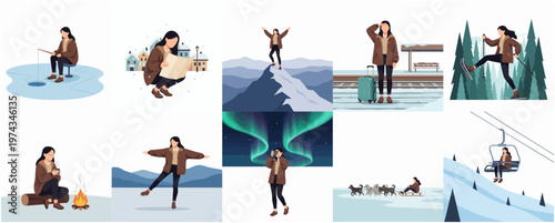Flat Style Winter Activity Illustration Collection of a Woman and Destinations