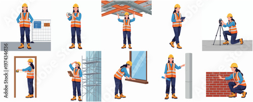Flat Design Female Construction Worker Character Various Poses Occupation Set