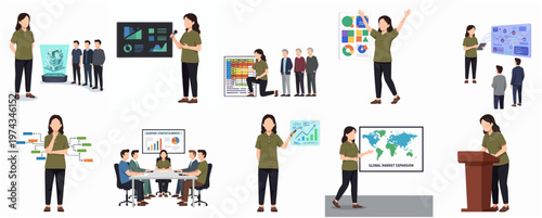 Принти на полотні Set of Illustrations of Female Presenter Giving Business Presentations and Meeti