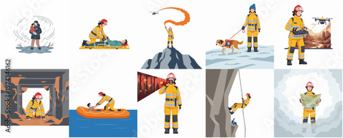 Flat Illustration Rescue Worker Characters in Different Emergency Situation Set