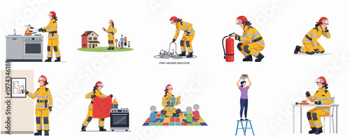 Illustrated Set Showing Woman Firefighter in Various Emergency and Safety Situations
