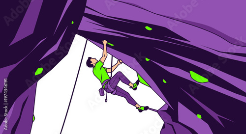 Dynamic Climber Ascending Abstract Purple Rock Face With Green Holds