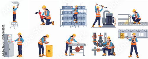 Flat Illustration of Female Worker Repairing Equipment in Different Situations